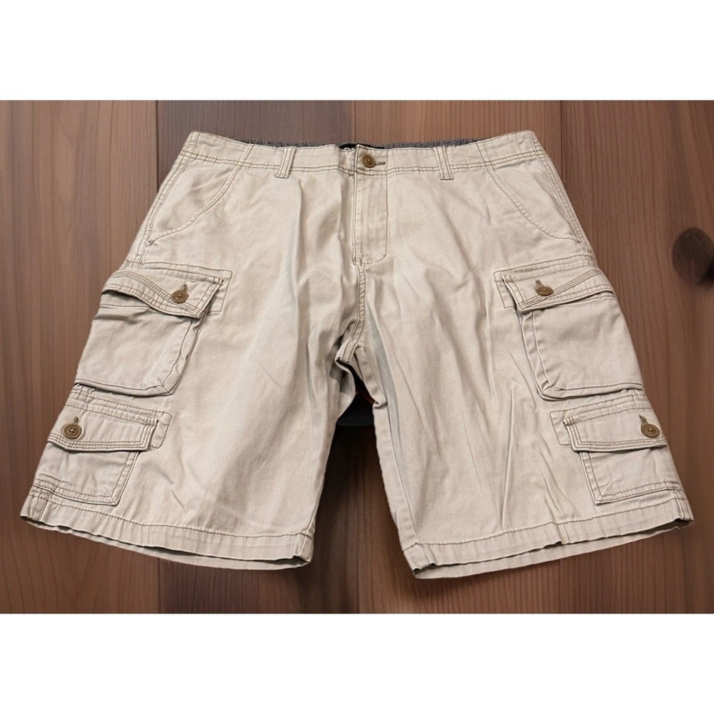 Iron Co Mens 34 Beige Stretch Cargo Shorts Cotton Blend Button Pockets Khaki
